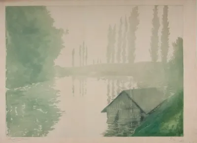 Hazy Riverside Landscape With Poplars And A House On The Water