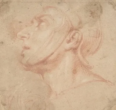 Head Of A Man Wearing A Helmet Looking To Upper Left