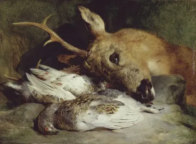 Head Of A Roebuck And Two Ptarmigan