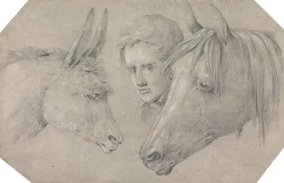 Head Of A Stable Lad Looking Between The Heads Of A Horse On His Left And A Donkey On His Right