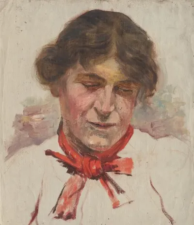 Head Study Of Woman With Red Bow
