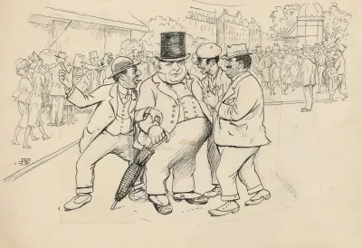 Hedebol Dressed In Elegant Clothes A Top Hat And Carrying An Umbrella Is Accosted By Frenchmen