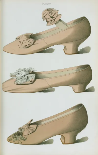 Heliotrope Satin Shoe With Bow Of The Same Material Covering Elastic Strap Heliotrope Silk Shoe Decorated With Real Lace