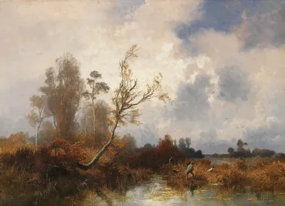 Herbstliche Landschaft Mit Jagern Im Dachauer Moos