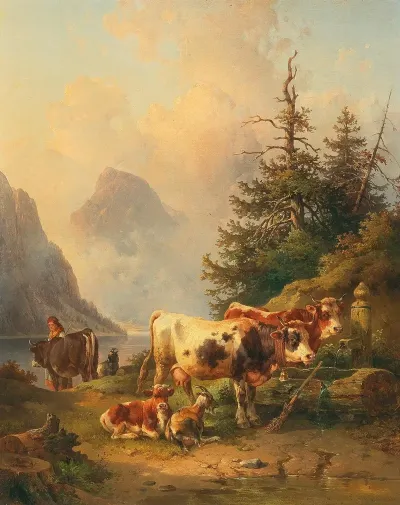 Herd Of Animals With Shepherdess On The Lakeside