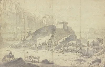 Herde Von Ziegen Schafen Kuhen Und Pferden In Einer Italienischen Berglandschaft Mit Ruinen