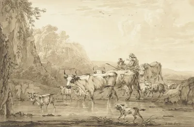 Herder En Herderin Met Runderen En Schapen Bij Een Poel
