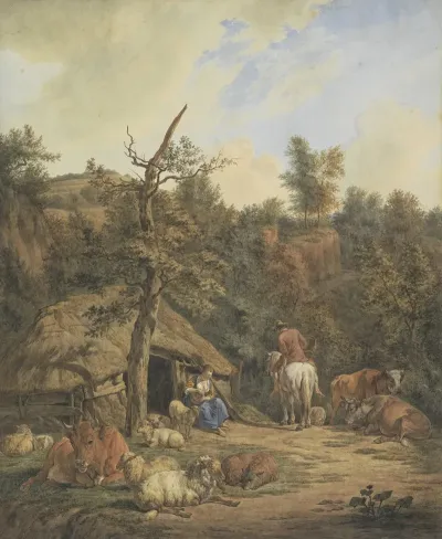 Herder Herderin En Vee Rustend Voor Een Vervallen Stal After Adriaen Van De Velde
