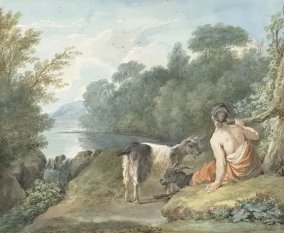 Herderin Met Geiten In Een Landschap Met Een Meer