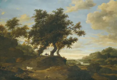 Herders On Lightly Wooded Raised Ground Overlooking An Expansive River Landscape