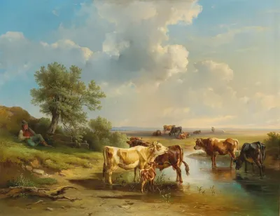 Herdsman With Herd Of Cows On The Banks Of The Stream