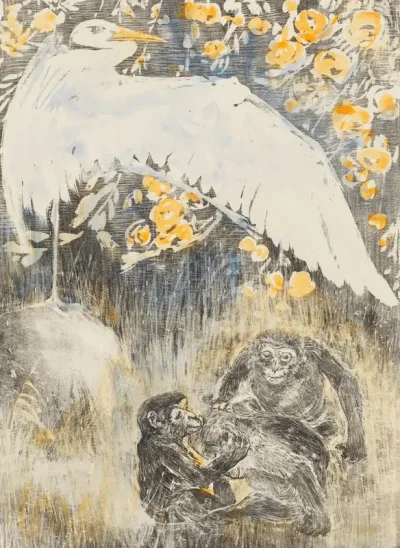 Heron With Three Monkeys
