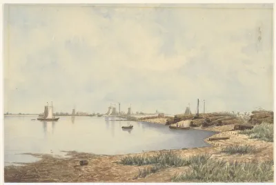 Het Noordzeekanaal Te Ijmuiden Met Vissersboten Op De Achtergrond In Het M Een Fabrieksschoorsteen