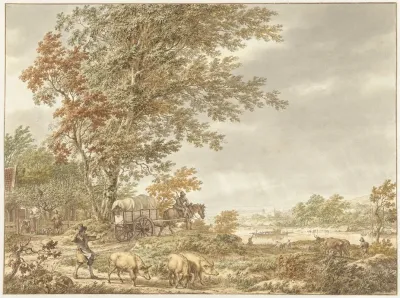 Heuvellandschap Met Varkenshoeder En Andere Stoffage Een Rivier In De Verte