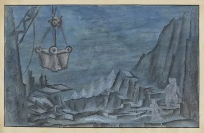 High Tor Sketch No 1 White Figures Trees Mining Equipment On Blue Rocks And Sky