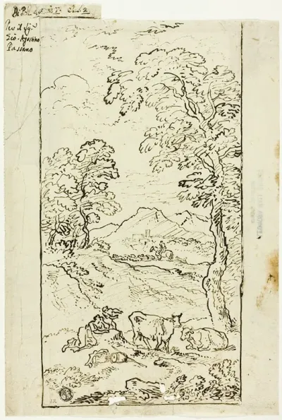 Hilly Landscape With Cows And Shepherds In Foreground
