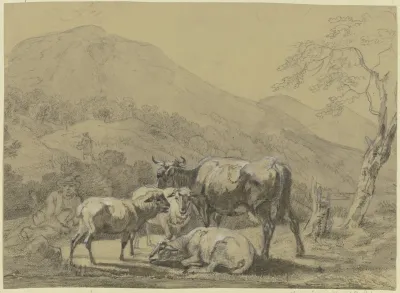 Hirte Mit Einer Kuh Und Drei Schafen In Einer Gebirgslandschaft