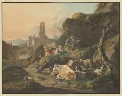 Hirten Auf Felsen Eine Hirtin Liegt Vor Einem Esel Vorn Kuhe Schafe Und Ziegen Im Hintergrund Ruinen Mit Einer Brucke