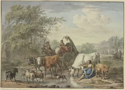 Hirten Fahren Mit Einem Wagen Durchs Wasser Rechts Eine Hirtin Die Sich Die Fuse Wascht Bei Einer Weisen Kuh