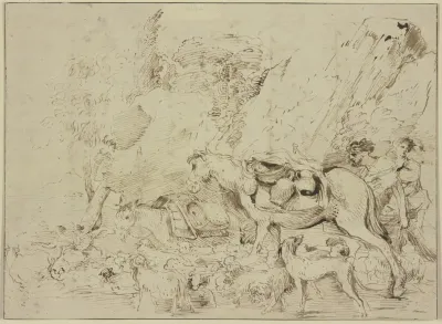 Hirten Mit Pferd Esel Und Schafherde In Einer Felsenlandschaft