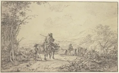Hirten Mit Rinder Und Schafherde In Hugeliger Landschaft