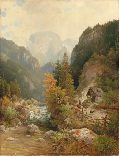 Hirten Und Herde Am Weg Bei Einem Wildbach