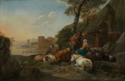 Hirtenfamilie Mit Lagernder Herde In Sudlicher Landschaft