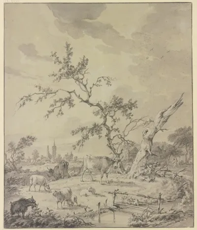 Hirtenknabe Mit Rindern Schafen Und Ziegen Bei Einem Durren Und Einem Abgestorbenen Baum Im Hintergrund Ruinen Ein Turm Und Eine Kirche