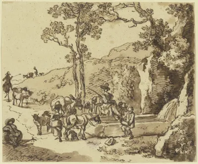 Hirtenszene An Einem Brunnen Schafe Und Maulesel Nahern Sich Der Tranke An Der Eine Reiterin Ihr Pferd Trankt