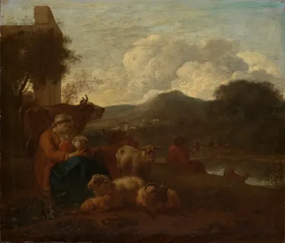 Hirtin Ihr Kind Stillend Mit Der Herde In Sudlicher Landschaft