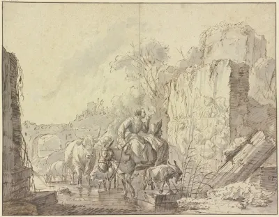 Hirtin Und Hirte Mit Ihrer Herde In Einer Ruinenlandschaft Ein Antikes Fresko Betrachtend