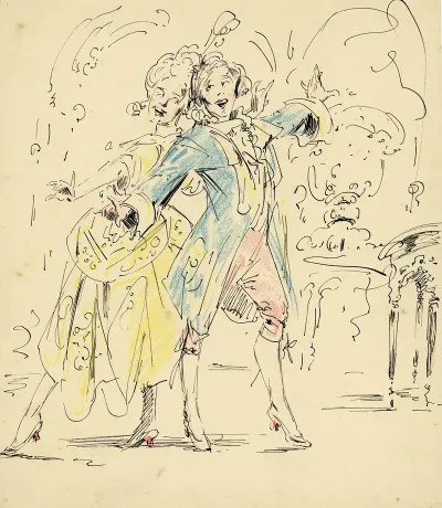 Historisch Tafereel Van 2 Dansende Figuren