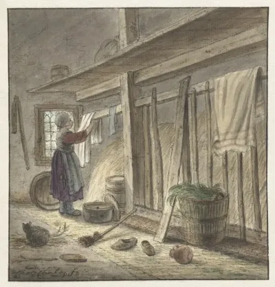 Hoekje Van Een Stal Met Een Meisje Dat Een Doek Ophangt