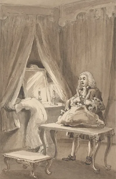Hogarth After His Wife Had Put On A New Night Shirt Ties Up Her Things To Send To Sir James Thornhill With A Letter