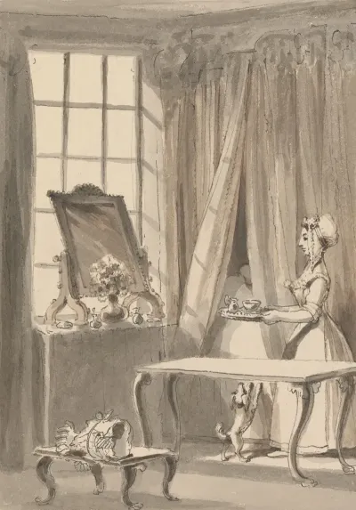 Hogarth Has Made Breakfast And Sends Up A Cup To His Wife At The Same Time Ordering The Little Dog To Be Admitted To Her Mistresss Bedchamber