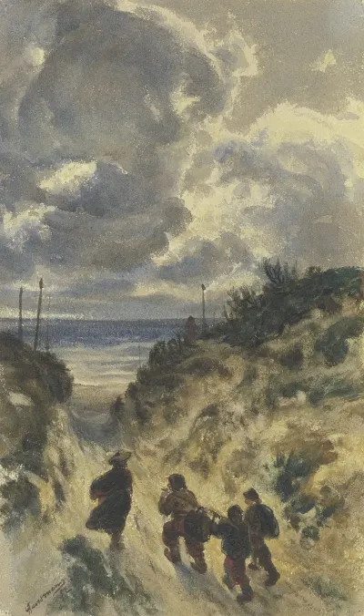 Hohlweg Am Seestrand Mit Vier Mannern 1852