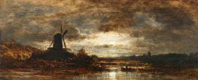 Hollandische Flusslandschaft Mit Muhle Bei Mondschein