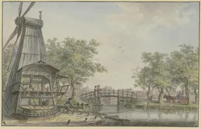 Hollandische Landschaft An Einem Kanal Uber Den Eine Brucke Fuhrt