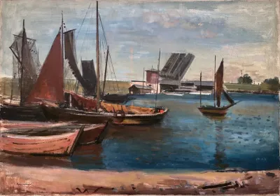 Hollandischer Hafen Mit Zugbrucke Und Fischkuttern