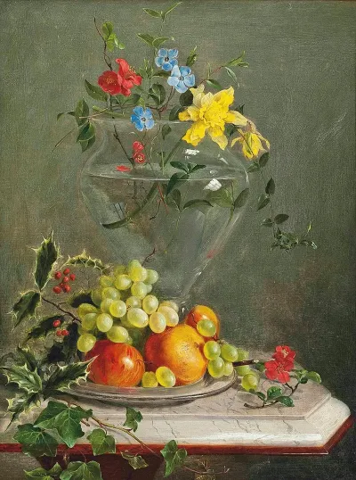 Holly Ivy Grapes Apples And Oranges In A Bowl By A Vase Of Flowers Including Daffodils And Phlox On A Marble Ledge