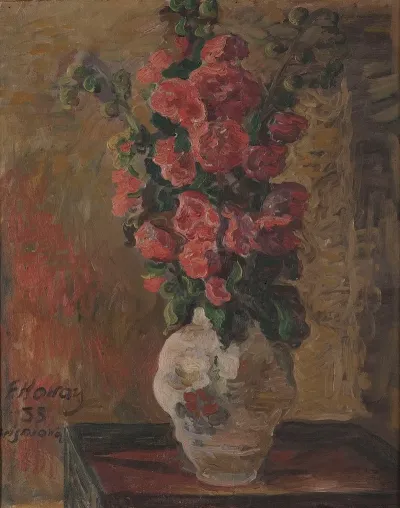 Hollyhocks Still Life Jug With Hollyhocks