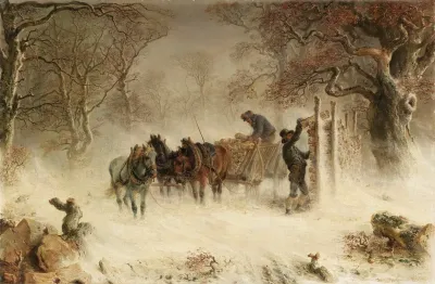 Holzfuhrwerk Bei Heftigem Schneetreiben
