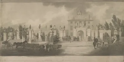 Home Of Lord Timothy Dexter Newburyport Massachusetts With Wooden Statues On Pillars And Passersby Enjoying The View