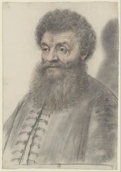 Homme A Large Barbe En Eventail Et Aux Cheveux Frises Portant Une Veste A Brandebourgs De Trois Quarts A Gauche