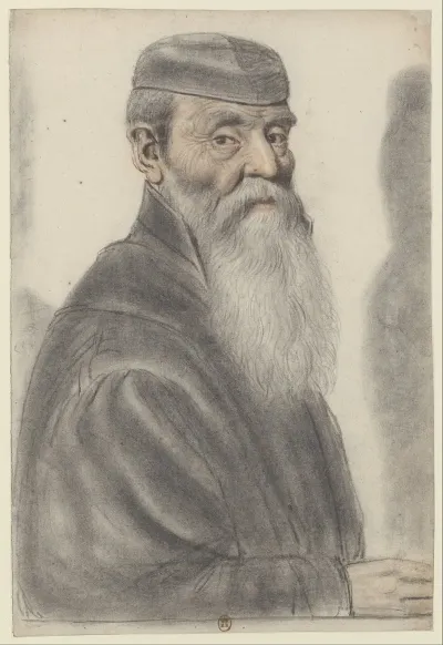 Homme Age A Longue Barbe Portant Un Bonnet Noir De Trois Quarts A Droite