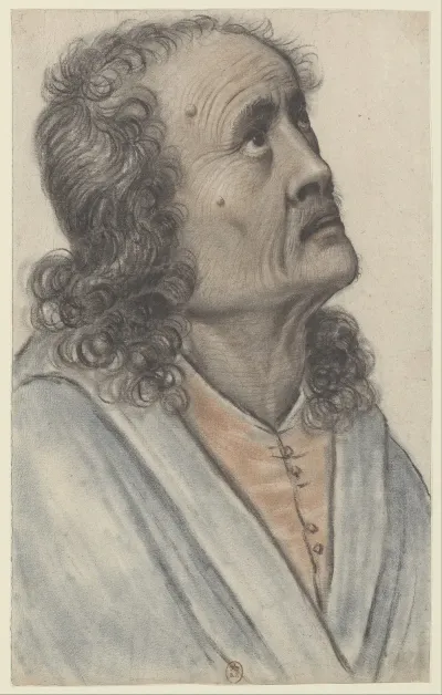 Homme Age Aux Cheveux Longs Et Boucles Levant La Tete Vu Presque De Profil A Droite