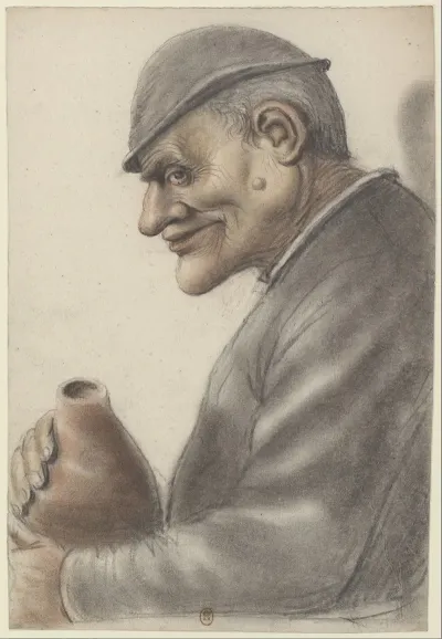 Homme Age Presentant Sur La Joue Une Importante Verrue Coiffe Dun Bonnet Et Tenant Un Gourde Vu De Profil A Gauche
