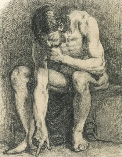 Homme Assis Nu Ecrivant Par Terre Avec Son Doigt