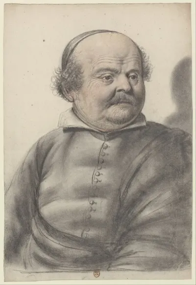 Homme Au Visage Rond Portant Moustaches Et Royale Coiffe Dune Calotte La Tete De Trois Quarts A Droite