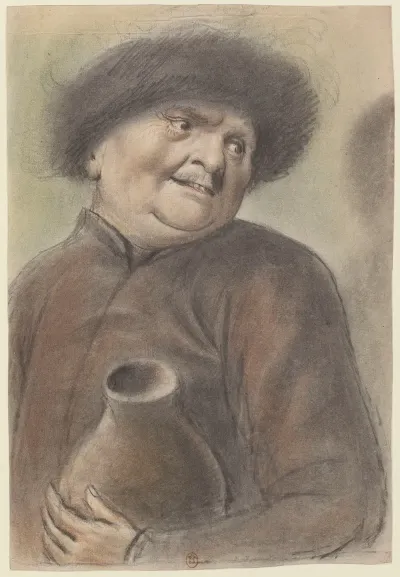 Homme Coiffe Dun Bonnet Borde De Fourrure Tenant Une Gourde La Tete De Trois Quarts A Droite